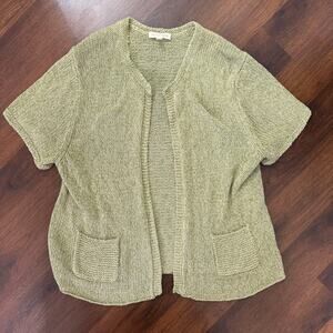 Eileen Fisher Short Sleeve Open Front Silk Linen Cardigan Green Boho Casual Sz L